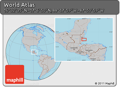Gray Location Map of the Area around 16° 49' 43" N, 88° 19' 29" W