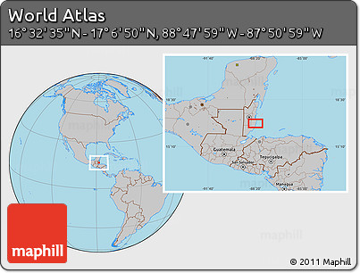 Gray Location Map of the Area around 16° 49' 43" N, 88° 19' 29" W