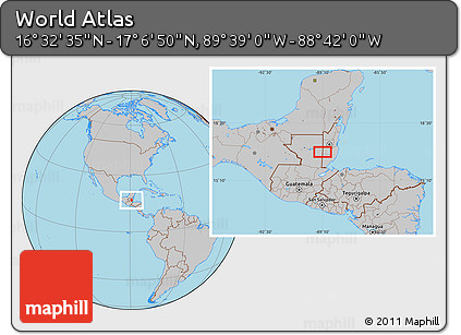 Gray Location Map of the Area around 16° 49' 43" N, 89° 10' 30" W