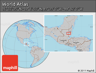 Gray Location Map of the Area around 16° 49' 43" N, 89° 10' 30" W