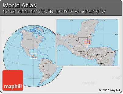 Gray Location Map of the Area around 16° 49' 43" N, 89° 10' 30" W