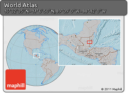 Gray Location Map of the Area around 16° 49' 43" N, 89° 10' 30" W, hill shading