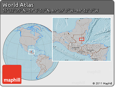 Gray Location Map of the Area around 16° 49' 43" N, 89° 10' 30" W, hill shading