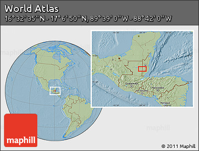 Savanna Style Location Map of the Area around 16° 49' 43" N, 89° 10' 30" W, hill shading