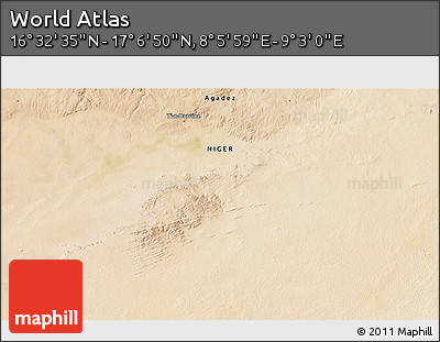 Satellite 3D Map of the Area around 16° 49' 43" N, 8° 34' 29" E