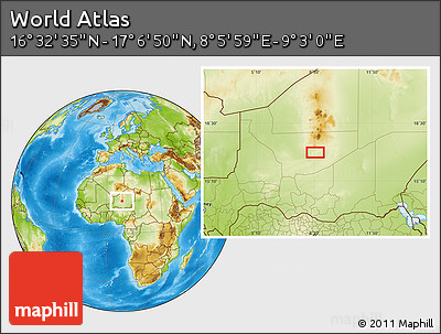 Physical Location Map of the Area around 16° 49' 43" N, 8° 34' 29" E