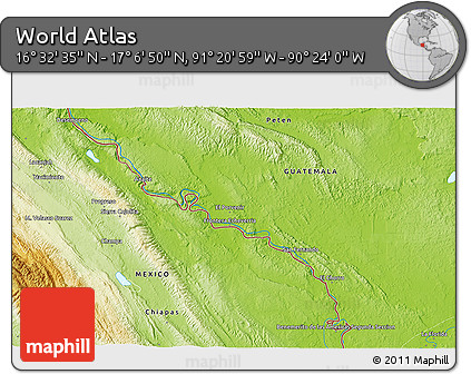 Physical 3D Map of the Area around 16° 49' 43" N, 90° 52' 30" W