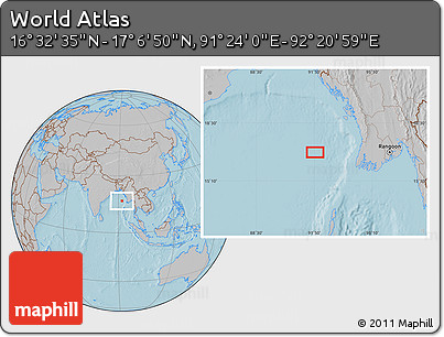 Gray Location Map of the Area around 16° 49' 43" N, 91° 52' 30" E, hill shading