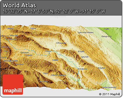 Physical 3D Map of the Area around 16° 49' 43" N, 91° 43' 29" W