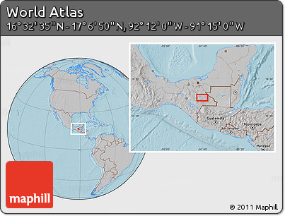 Gray Location Map of the Area around 16° 49' 43" N, 91° 43' 29" W, hill shading