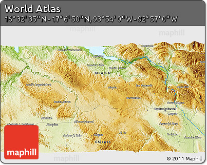 Physical 3D Map of the Area around 16° 49' 43" N, 93° 25' 30" W
