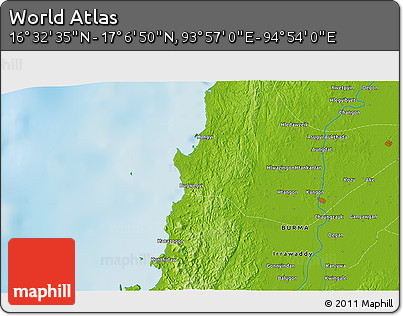 Physical 3D Map of the Area around 16° 49' 43" N, 94° 25' 30" E