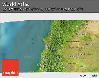 Satellite 3D Map of the Area around 16° 49' 43" N, 94° 25' 30" E