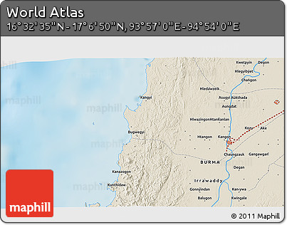 Shaded Relief 3D Map of the Area around 16° 49' 43" N, 94° 25' 30" E