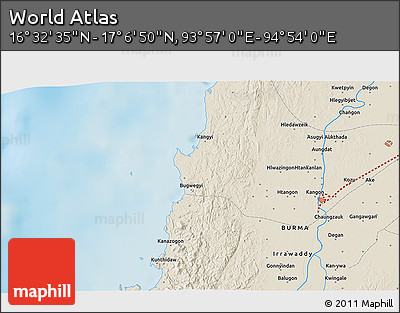 Shaded Relief 3D Map of the Area around 16° 49' 43" N, 94° 25' 30" E