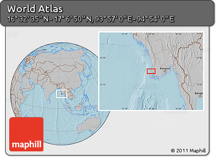 Gray Location Map of the Area around 16° 49' 43" N, 94° 25' 30" E, hill shading