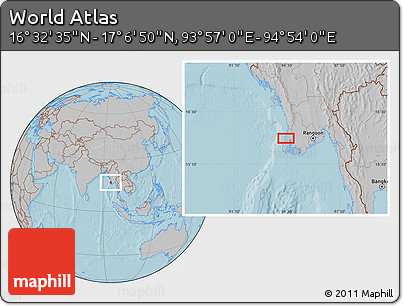 Gray Location Map of the Area around 16° 49' 43" N, 94° 25' 30" E, hill shading