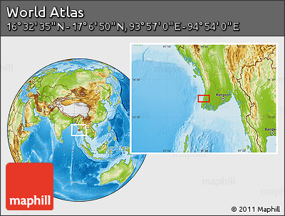 Physical Location Map of the Area around 16° 49' 43" N, 94° 25' 30" E