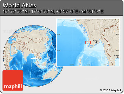 Shaded Relief Location Map of the Area around 16° 49' 43" N, 94° 25' 30" E