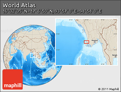 Shaded Relief Location Map of the Area around 16° 49' 43" N, 94° 25' 30" E