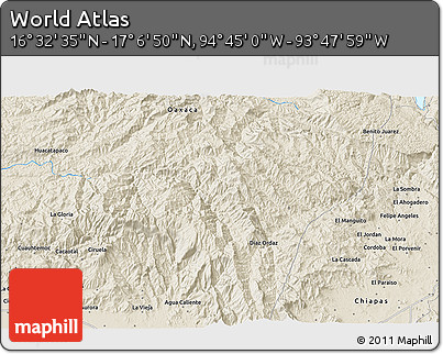 Shaded Relief 3D Map of the Area around 16° 49' 43" N, 94° 16' 30" W