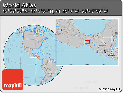 Gray Location Map of the Area around 16° 49' 43" N, 94° 16' 30" W