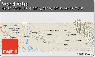 Shaded Relief Panoramic Map of the Area around 16° 49' 43" N, 97° 49' 29" E