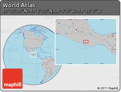 Gray Location Map of the Area around 16° 49' 43" N, 97° 40' 30" W