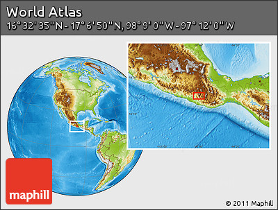 Physical Location Map of the Area around 16° 49' 43" N, 97° 40' 30" W