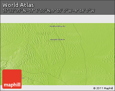 Physical 3D Map of the Area around 16° 49' 43" N, 9° 16' 30" W