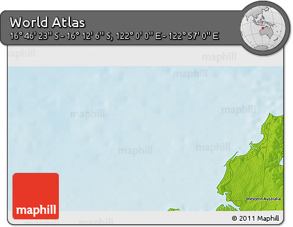 Physical 3D Map of the Area around 16° 29' 14" S, 122° 28' 29" E