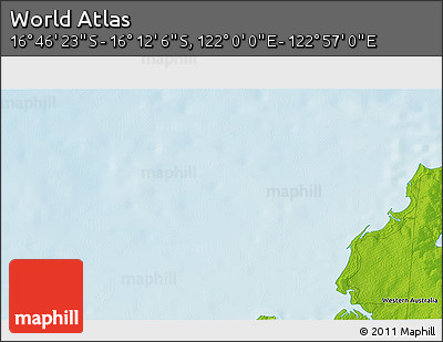 Physical 3D Map of the Area around 16° 29' 14" S, 122° 28' 29" E