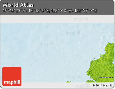 Physical 3D Map of the Area around 16° 29' 14" S, 122° 28' 29" E