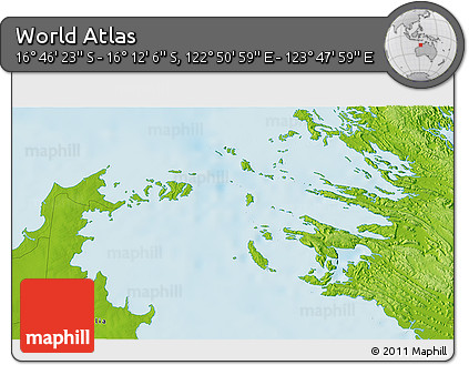 Physical 3D Map of the Area around 16° 29' 14" S, 123° 19' 29" E
