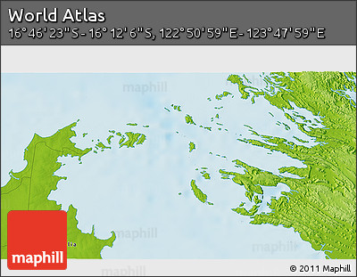 Physical 3D Map of the Area around 16° 29' 14" S, 123° 19' 29" E