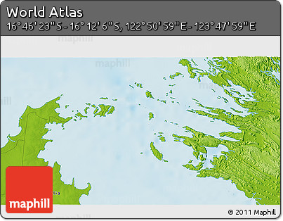 Physical 3D Map of the Area around 16° 29' 14" S, 123° 19' 29" E
