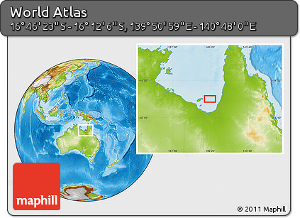 Physical Location Map of the Area around 16° 29' 14" S, 140° 19' 29" E