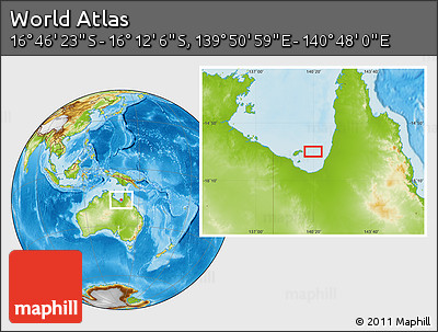 Physical Location Map of the Area around 16° 29' 14" S, 140° 19' 29" E