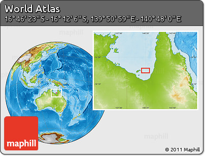 Physical Location Map of the Area around 16° 29' 14" S, 140° 19' 29" E