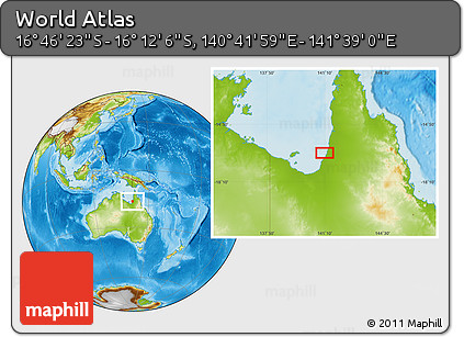Physical Location Map of the Area around 16° 29' 14" S, 141° 10' 30" E