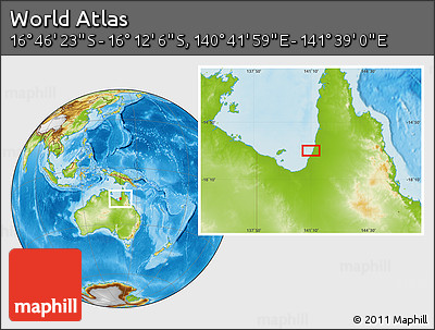 Physical Location Map of the Area around 16° 29' 14" S, 141° 10' 30" E