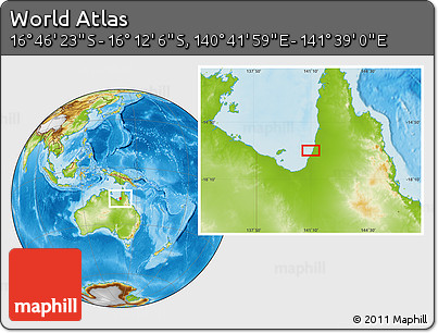 Physical Location Map of the Area around 16° 29' 14" S, 141° 10' 30" E