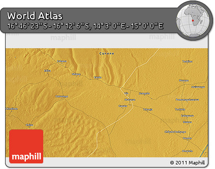 Physical 3D Map of the Area around 16° 29' 14" S, 14° 31' 30" E