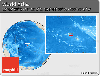Shaded Relief Location Map of the Area around 16° 29' 14" S, 151° 13' 29" W