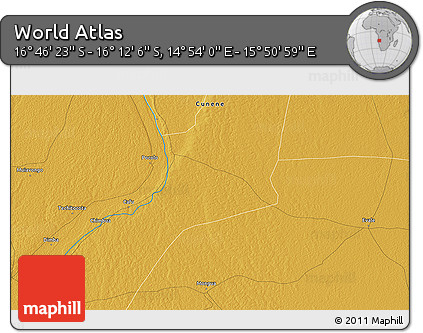 Physical 3D Map of the Area around 16° 29' 14" S, 15° 22' 30" E
