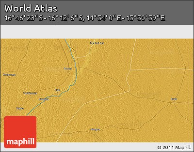 Physical 3D Map of the Area around 16° 29' 14" S, 15° 22' 30" E