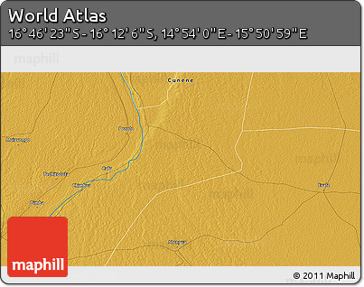 Physical 3D Map of the Area around 16° 29' 14" S, 15° 22' 30" E