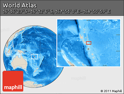 Shaded Relief Location Map of the Area around 16° 29' 14" S, 168° 22' 30" E