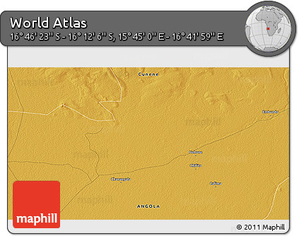 Physical 3D Map of the Area around 16° 29' 14" S, 16° 13' 30" E