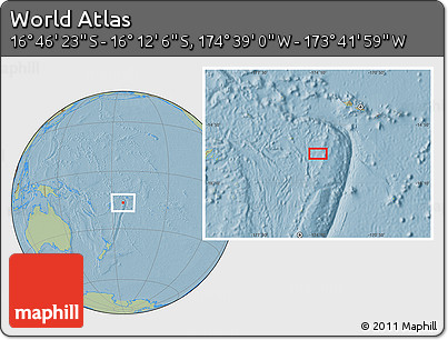 Savanna Style Location Map of the Area around 16° 29' 14" S, 174° 10' 30" W, hill shading